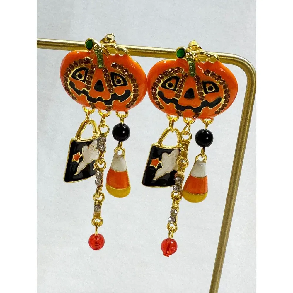 Halloween Jack O' Lantern Pumpkin Candy Corn Dangle Post Earrings 2.5